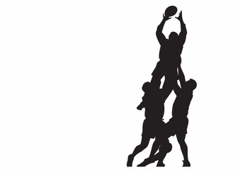 Dramatic rugby lineout players forming a human tower reaching for the ball in intense black silhouettes against a stark