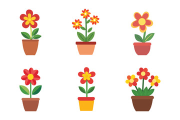 Six potted flowers with distinct petal colors and shapes are neatly arranged on white