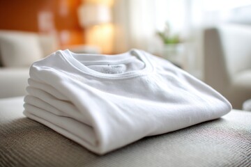 A stack of neatly folded white cotton t-shirts, prepared for printing designs and logos, resting on a neutral surface in a bright, airy room, ideal for customization.