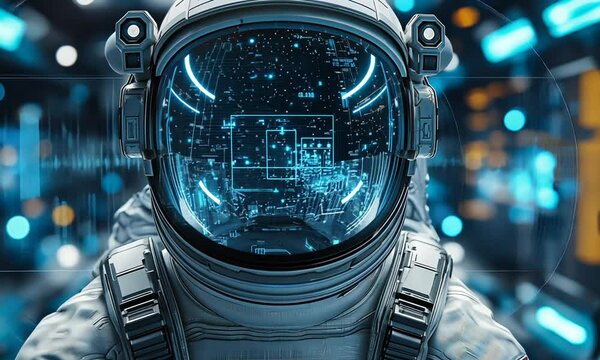 Close-up of futuristic astronaut helmet reflecting digital hud interface in space lab with blue ambient light. Concept of advanced space exploration technology