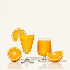 A photograph of two glasses filled with orange juice and an orange slice, set against a white background, captured with high-resolution studio lighting, creating distinct shadows.