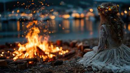 Glowing bonfire with floating wreaths near a lace dress, evoking midsummer magic and tradition