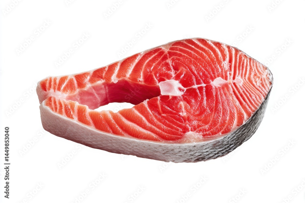 Poster a close-up shot of a fresh salmon steak fillet showcasing its vibrant color and texture, isolated on