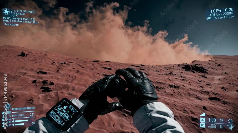 Aufkleber astronaut wearing a spacesuit and smartwatch navigating the red, rocky terrain of mars, collecting v