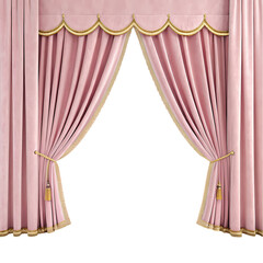 Elegant Pink Velvet Curtains with Gold Trim isolated on transparent background
