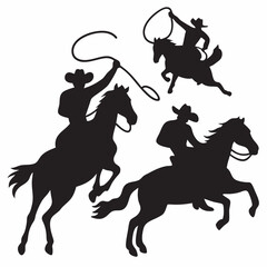 Three cowboys riding horses lassoing classic western silhouettes bold black and white design iconic rodeo imagery strong