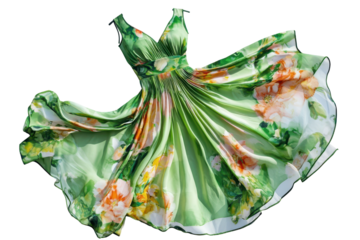 Beautiful green floral summer dress illustration isolated on white for stylish summer lookbook and ads