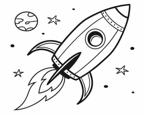Fototapeta premium A rocket ship blasts off into space soaring past a planet and stars simple line art black and white illustration