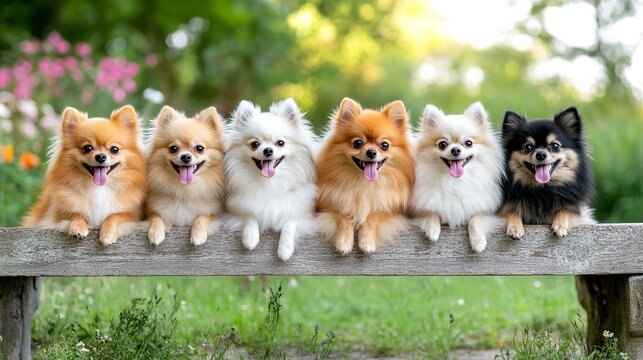 Group of Colorful Pomeranian Dogs Sitting on Bench Outdoors
