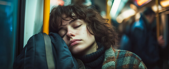 Young woman sleeping on subway with natural sunlight filtering through