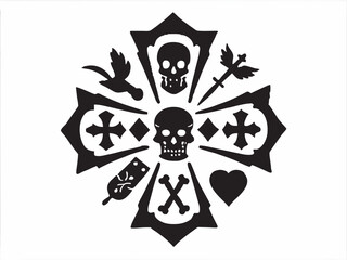 Intricate Black White Skull Crossbones Design Featuring Bird Dagger and Playing Card Symbols in Bold Graphic Style