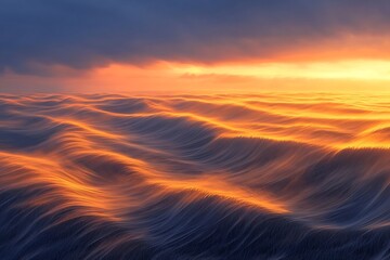 Golden wheat fields stretching the horizon with a brilliant gradient sky from deep orange to cool blue strong winds creating waves of movement crisp lighting