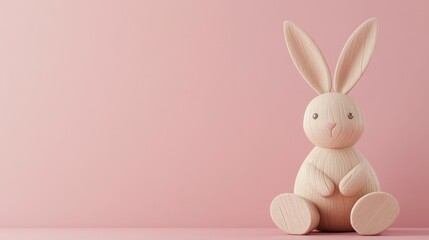 Fototapeta premium Pastel pink background features a charming wooden Easter bunny figurine