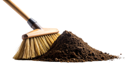 Broom sweeping pile of dirt isolated on solid white background.