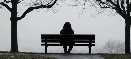Person sitting on bench in a foggy park setting