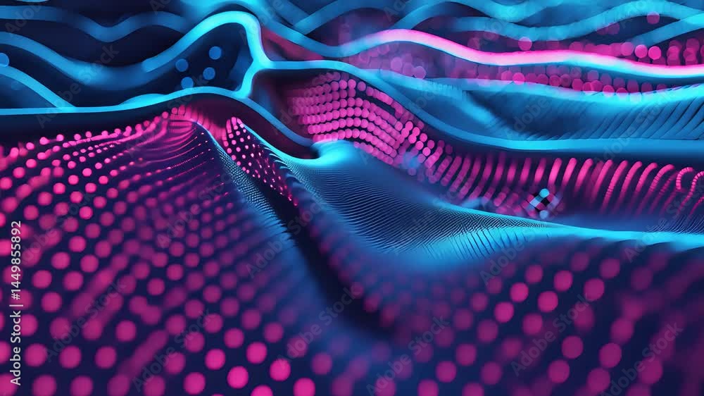 Poster abstract 3d digital landscape with glowing pink and blue dots forming smooth flowing waves across a 