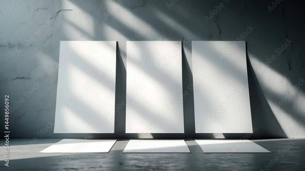 Poster three empty white vertical poster or business card mockups creating a shadow on the wall. flat lay f