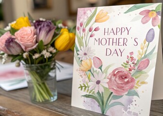 Obraz premium Happy Mother's Day Message on Blackboard with Spring Flowers. Floral Mother's Day Banner with Cursive Typography and Gift Elements.