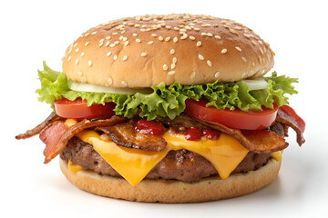Big Appetizing Fast Food Hamburger Isolated on White Background - Tasty Burger Photography
