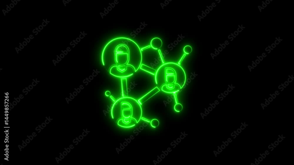 Poster animated neon green network connection symbol with connected people on a black background