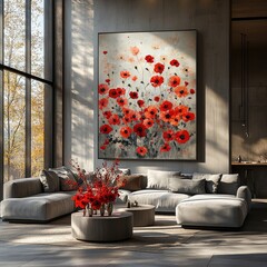 Modern living room with poppy art, sunlight