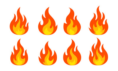 Set of Cartoon Fire Flames – Hot Icon Collection in Flat Style Vector Graphics