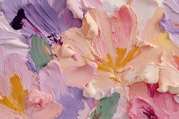 Floral abstraction in vibrant spring colors showcasing textured petals and soft hues