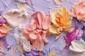 Abstract floral artwork featuring spring colors with textured paint details in vibrant hues
