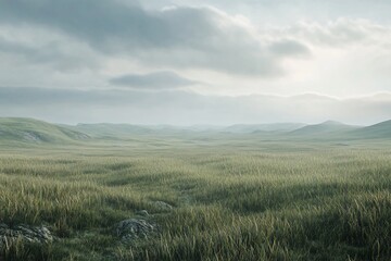 Fototapeta premium High altitude grassland under overcast sky muted color rough terrain textures open composition photoreal perspective natural lighting