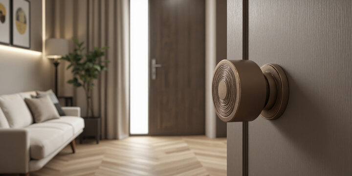Mocha mousse cylindrical door knobs featuring gold accents around the edges, mounted on smooth taupe doors with a linear finish.