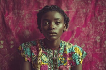 A portrait of an African woman in her late teens, wearing vibrant colorful attire, with dark skin and hair tied back tight to the sides.