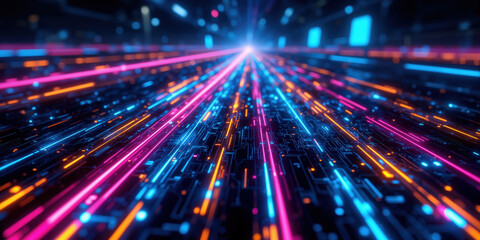 Obraz premium Cybernetic Fiber Optics - A network of glowing fiber optic cables stretching endlessly into the distance, transferring high-speed data.