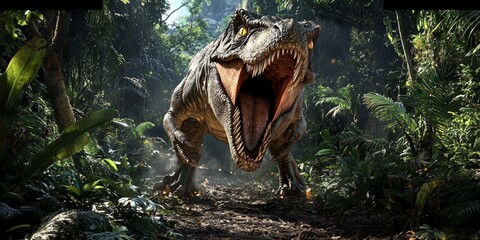 A ferocious dinosaur roars in the midst of the jungle.