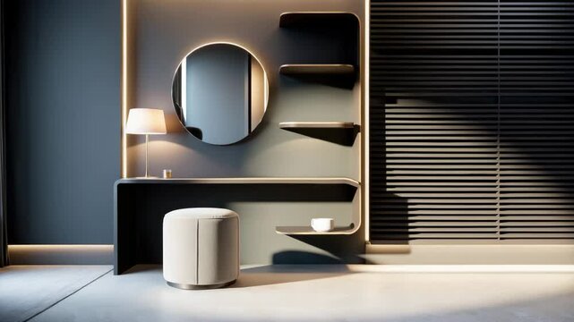 Console table, stool, and mirror arrangement in decor.