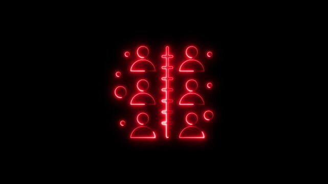 Abstract neon red teamwork concept with division and connection on black background