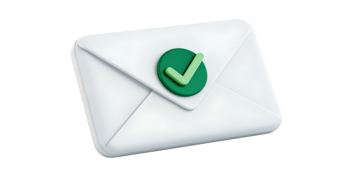 3D Render of a White Envelope with a Green Checkmark Seal, Symbolizing Email Confirmation or Successful Delivery