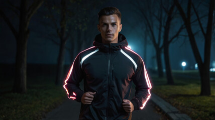 Night Runner's Jacket. Runner in black jacket with bright reflective strips catching the beam of a flashlight.
