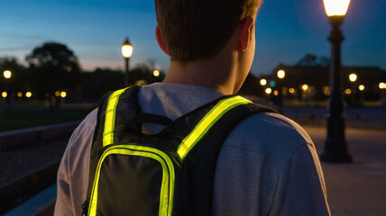 Reflective tape on the backpack. A strip of reflective tape glows on a student's backpack under the light of streetlights at dusk.