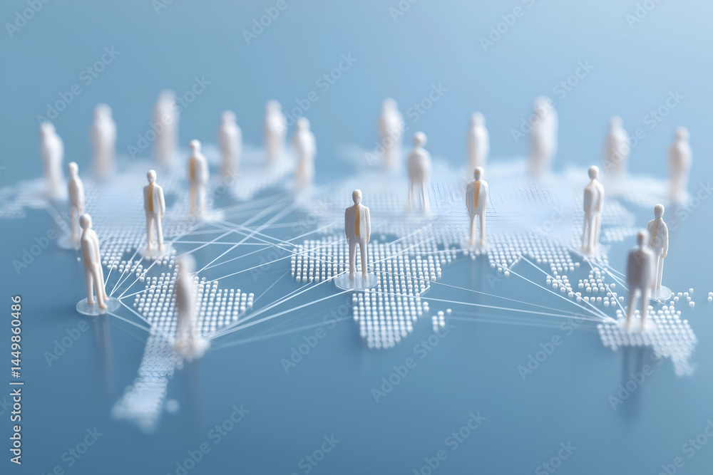 Poster miniature figures stand on a world map, interconnected by lines, symbolizing global networking and c