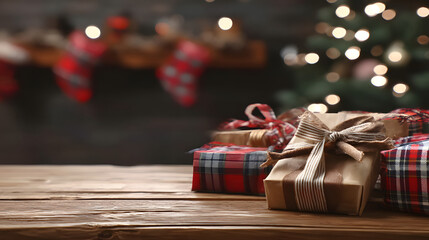 Christmas background with a blurred gift box placed on a wooden surface, creating a warm and festive holiday atmosphere with soft bokeh lights in the background.
