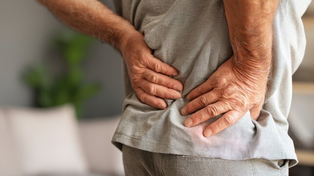 Cause kidney damage. Man experiencing back pain, holding his lower back in discomfort in a cozy indoor setting.
