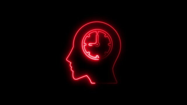 Glowing neon outline of a human head featuring a clock symbol