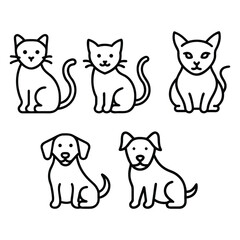 Fototapeta premium Simple line art illustration of cute cats and dogs, pet animal sets icons, minimal black outline, isolated on white background.