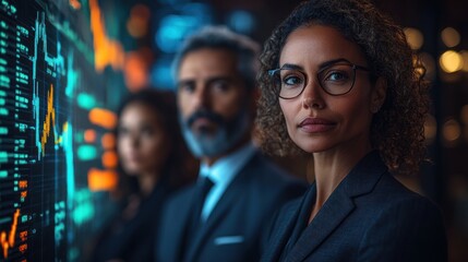 Business team stands in front of a digital display showing financial data.