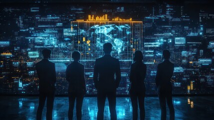 Silhouetted people look at a large screen displaying data and graphics.