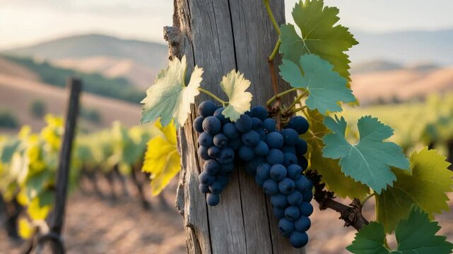 Inadequate grape yield due to drought. Parched vineyard. Close-up of withered grape leaves.