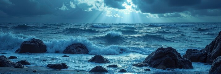Dramatic ocean waves under cloudy sky with sun rays
