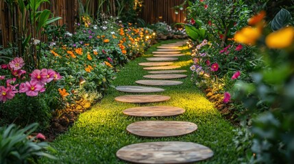 Stone path through lush garden with vibrant flowers