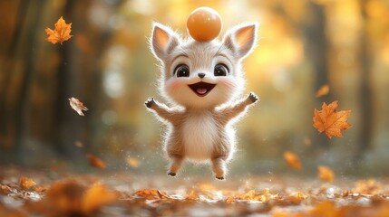 Joyful autumn scene with whimsical creature balancing an orange sphere