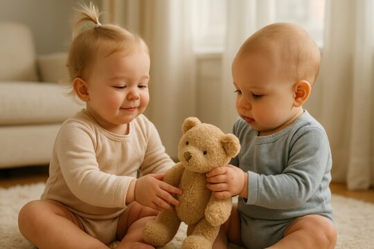 Adorable babies sharing teddy.